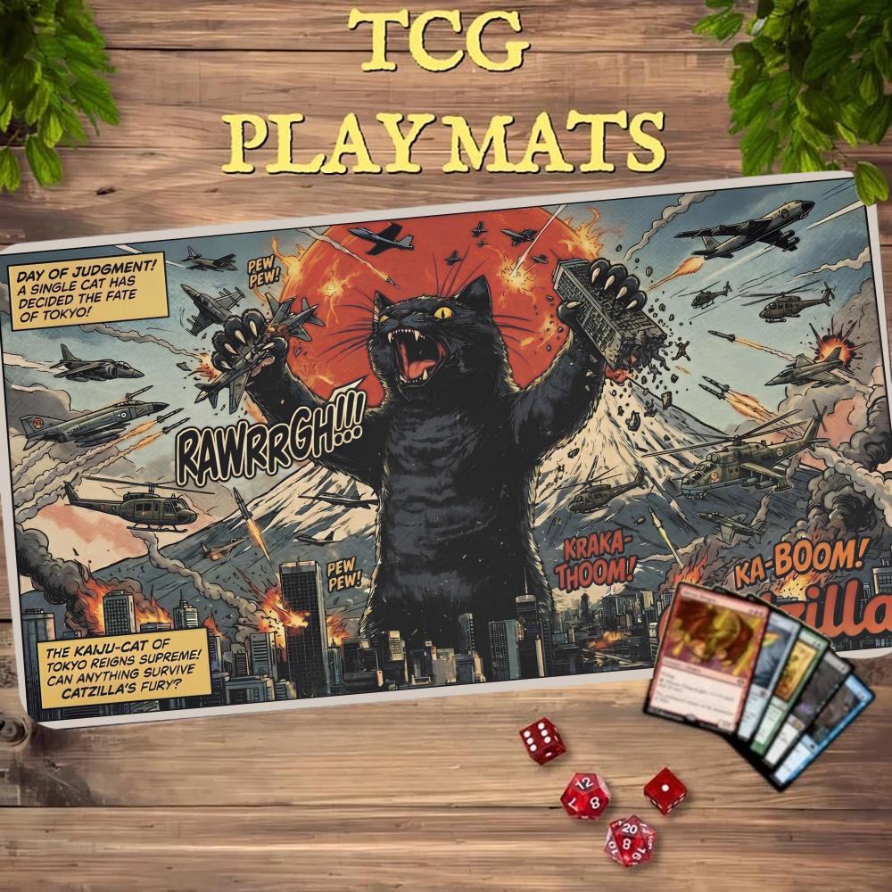 Door Mat Blank - แผ่นรองเล่นการ์ดเกมลายการ์ตูนแมวดำสไตล์เรโทร ขนาด 24x14 นิ้ว สำหรับ TCG