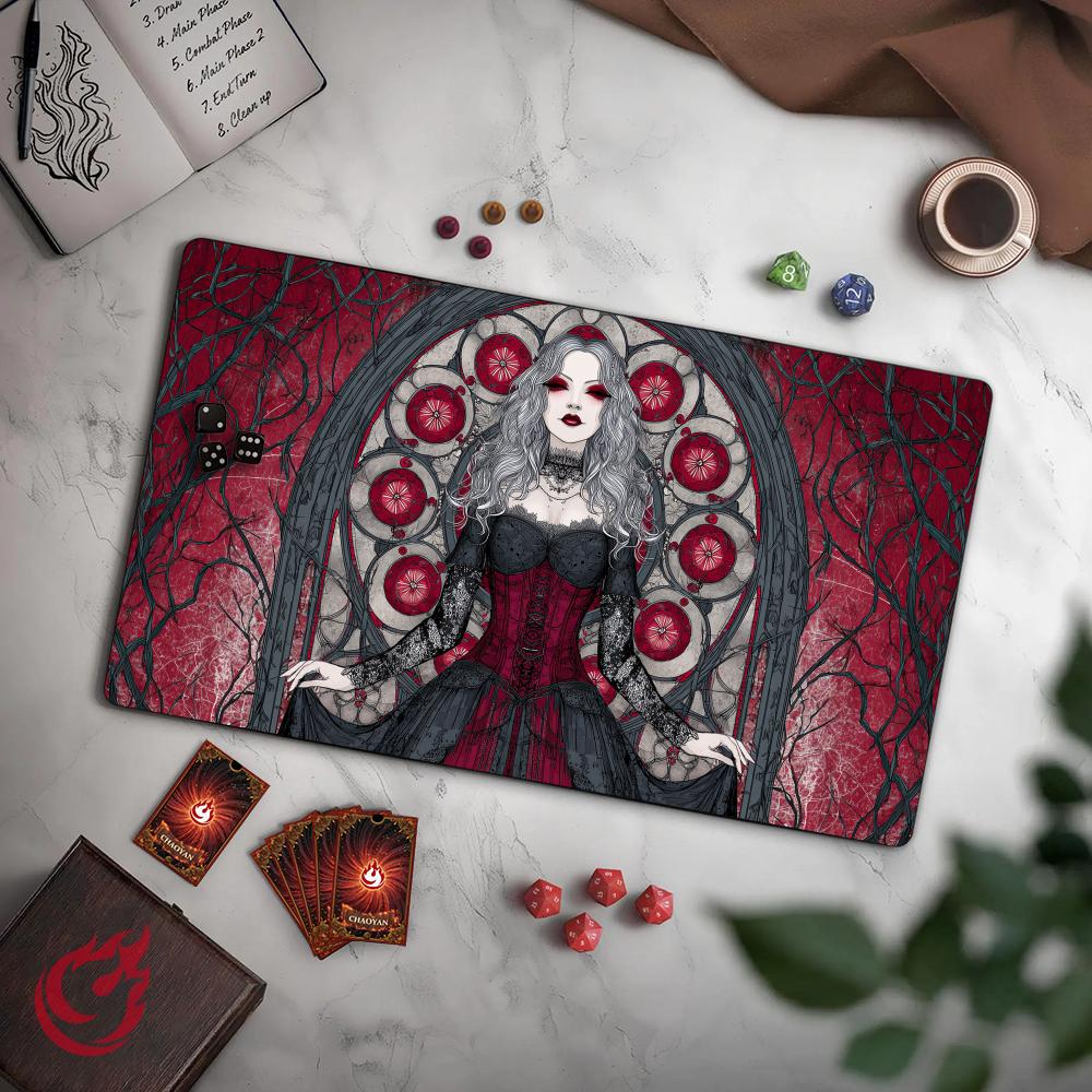 Door Mat Blank - แผ่นรองเล่นการ์ด TCG ลายแวมไพร์หญิงสไตล์โกธิค พร้อมขอบเย็บอย่างดี กันลื่น ทนทาน