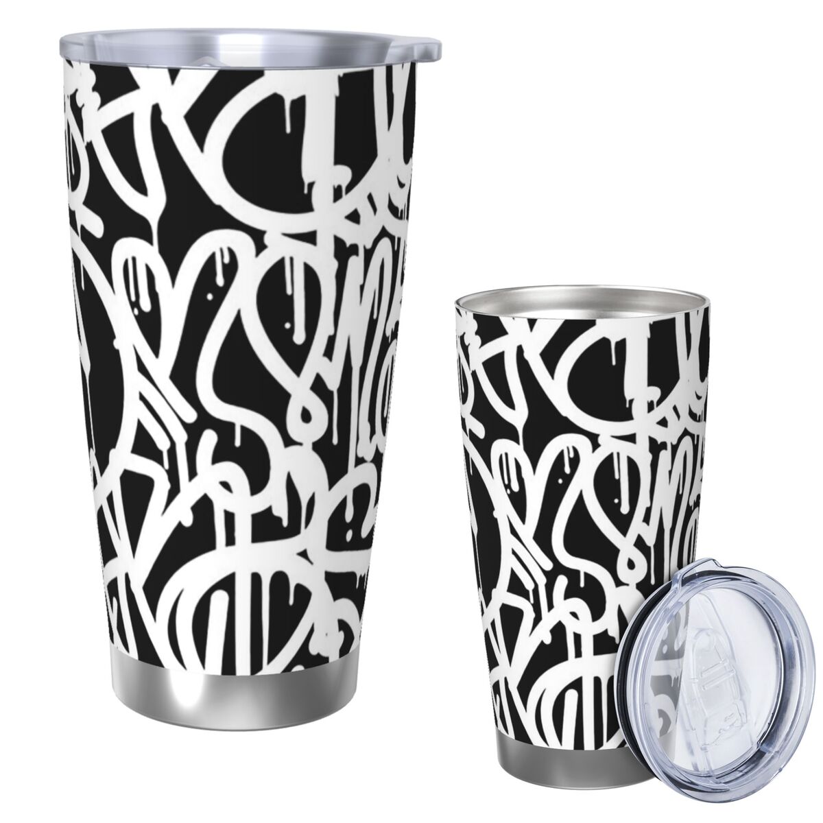 Tumbler 20Oz White - สีดําและสีขาว Graffiti สแตนเลส Tumbler สูญญากาศฉนวนแก้วความร้อนเย็นขวดฟางพร้อมฝาปิด 20oz