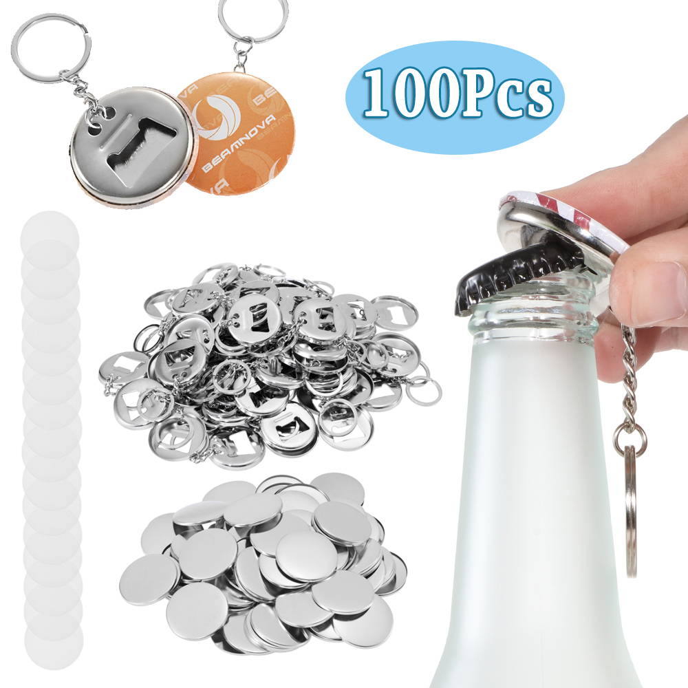 Button Badge Blank - วัสดุทำป้าย 100 ชิ้น ที่เปิดขวดและพวงกุญแจแบบ 2-in-1 สำหรับป้ายขนาด
