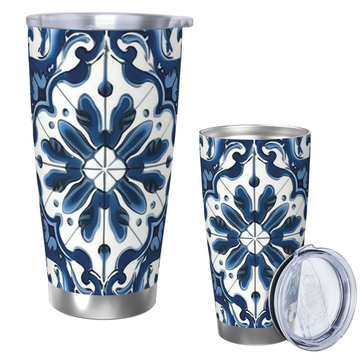 Tumbler 20Oz White - สีฟ้าและสีขาว Majolica รูปแบบสแตนเลส Tumbler สูญญากาศฉนวนแก้วความร้อนเย็นถ้วยหลอดพร้อมฝาปิด 20oz